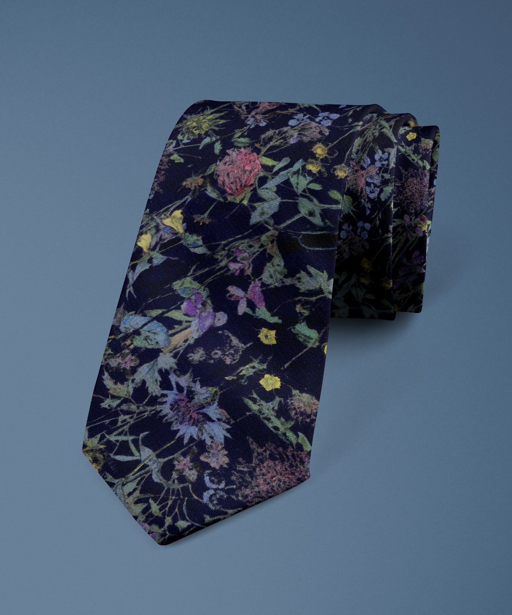 Wild Flowers Navy Liberty Tie - A floral wedding tie & pocket square, featuring blue, yellow, and green flowers on a navy background. Perfect for weddings & formal events.