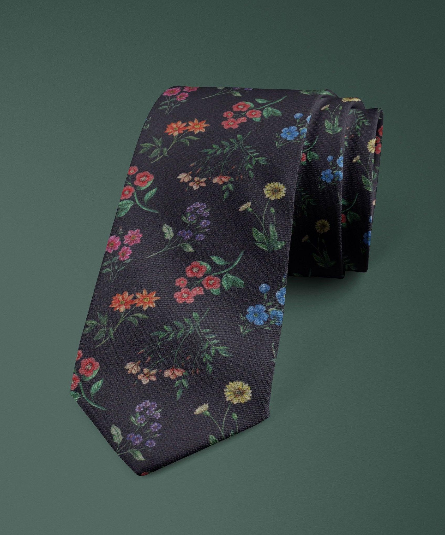 Annie Liberty Tie - A floral wedding tie & pocket square, featuring red, yellow, orange and blue flowers on a navy background. Perfect for weddings & formal events.