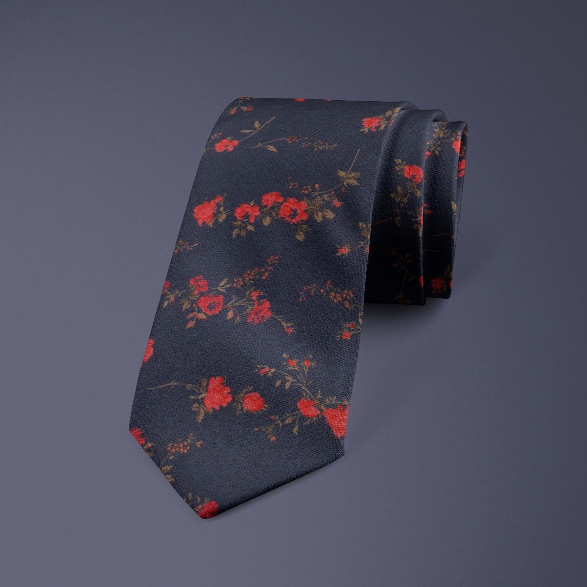 Elegant Liberty Fabric Tie and matching pocket square in lightweight cotton, showcasing the Elizabeth floral print with intricate trailing roses in subtle pastel pinks, leafy greens and warm accents, perfect for Wedding wear, formal events, Groom looks by Black Tie Menswear.