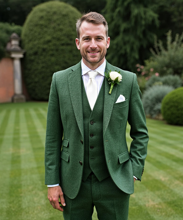 Groomsmen Suit Green Tweed Jacket Mens Groom Tuxedo Costume Hugo