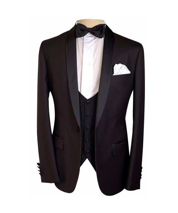Patterned Black Dinner Suit Hire Package - Black Tie 