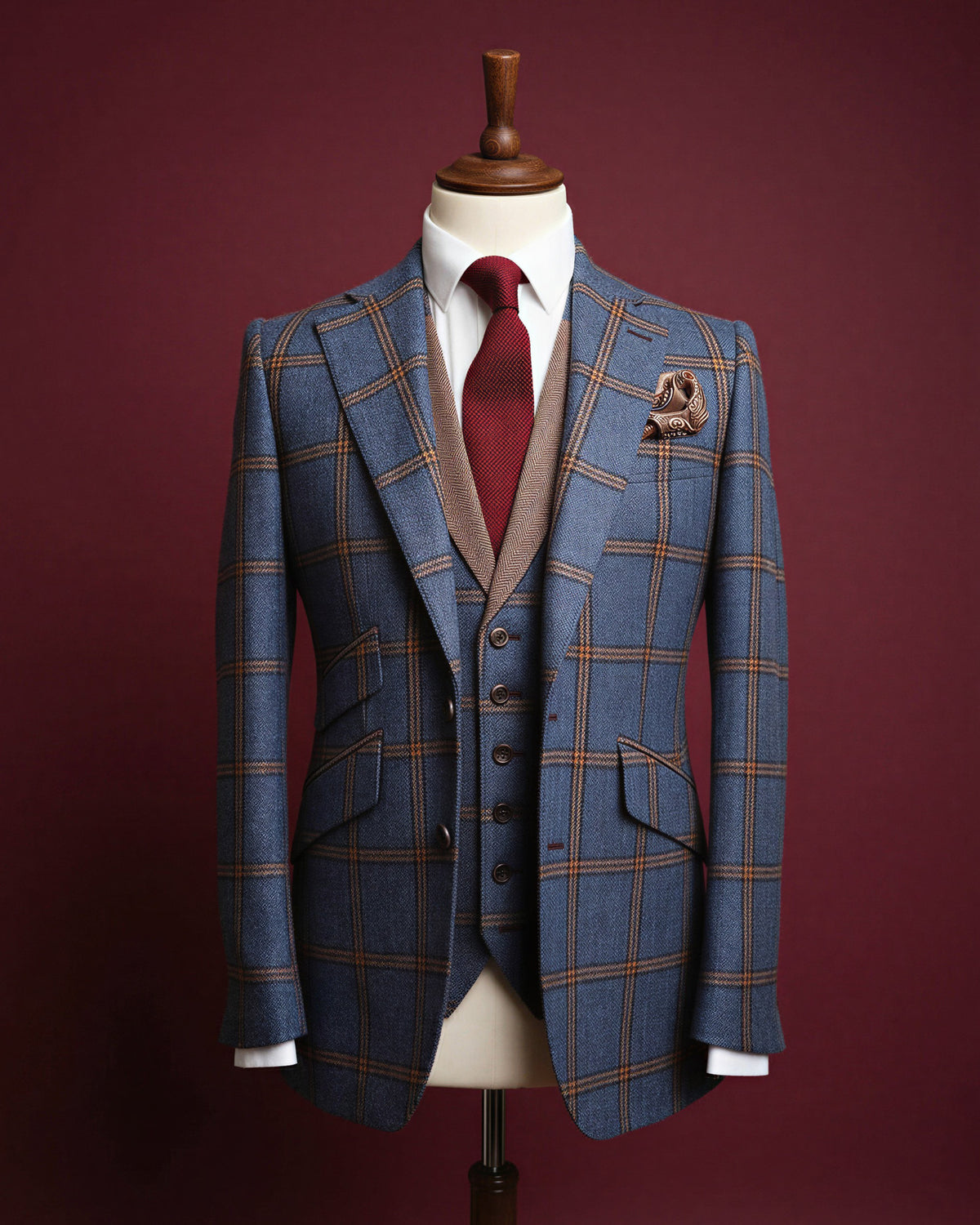 A mannequin dressed in a bespoke Porter & Harding Glenroyal tweed blazer with brown and orange lines, a white dress shirt, a red tie, a brown vest, and a patterned pocket square, set against a dark red background by Healy & Son.