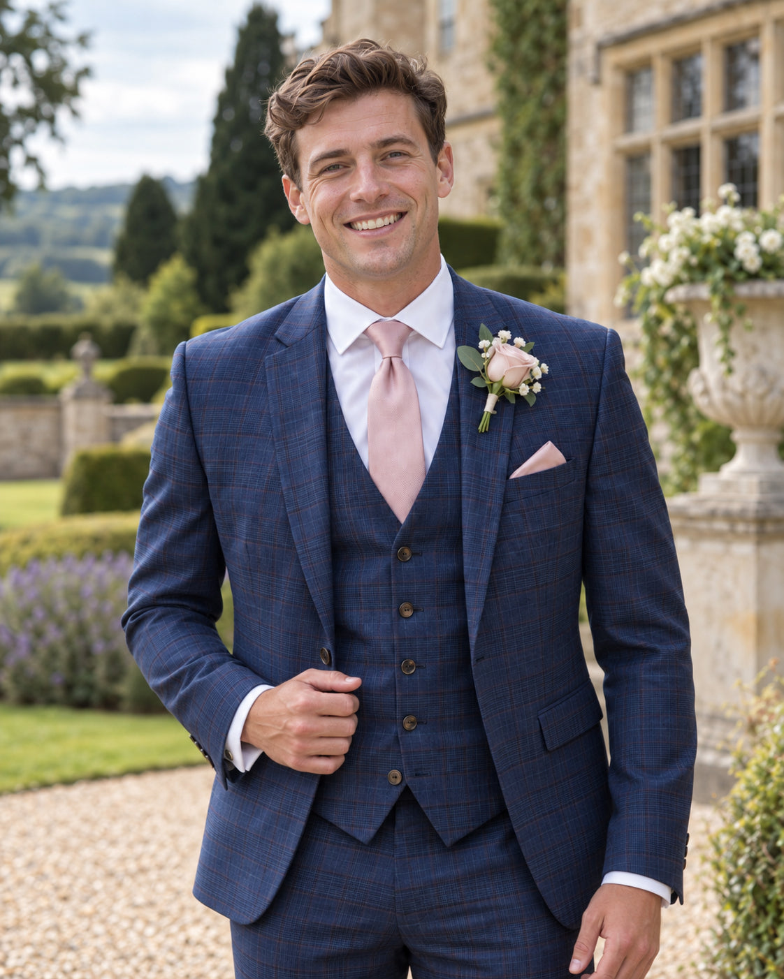groom wearing navy check 3 piece suit to hire