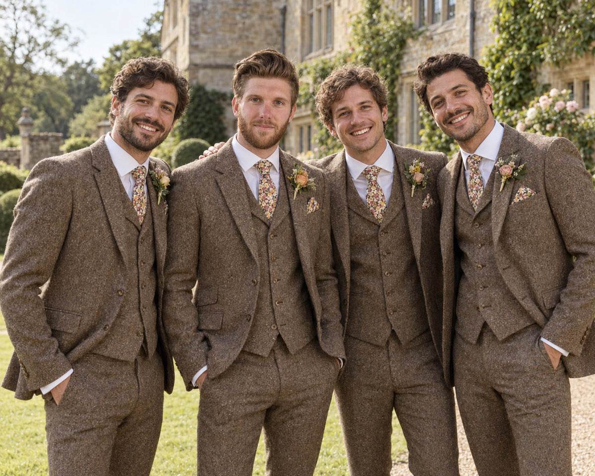Four men wearing matching brown tweed three-piece suits, white dress shirts, and patterned ties, standing outdoors in front of a stone building with greenery.