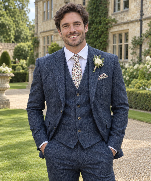 navy herringbone tweed 3-piece to hire