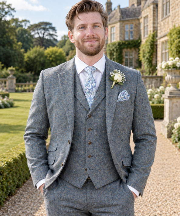 light blue donegal tweed 3-piece to hire