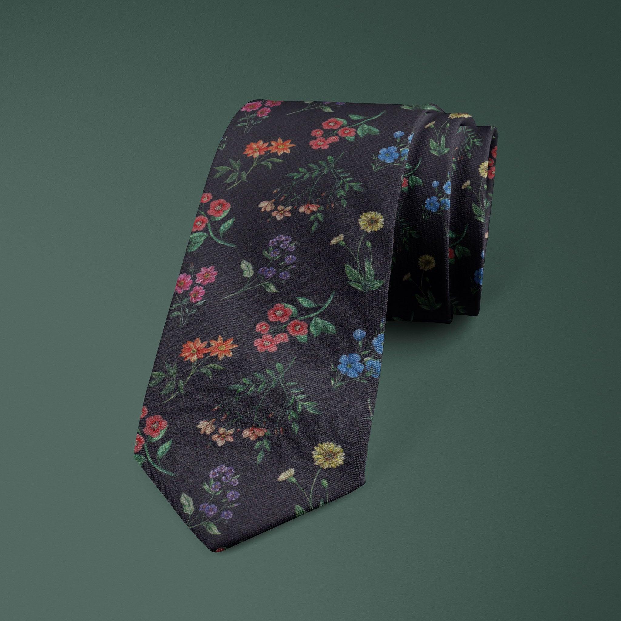 Annie Liberty Tie - A floral wedding tie & pocket square, featuring red, yellow, orange and blue flowers on a navy background. Perfect for weddings & formal events.